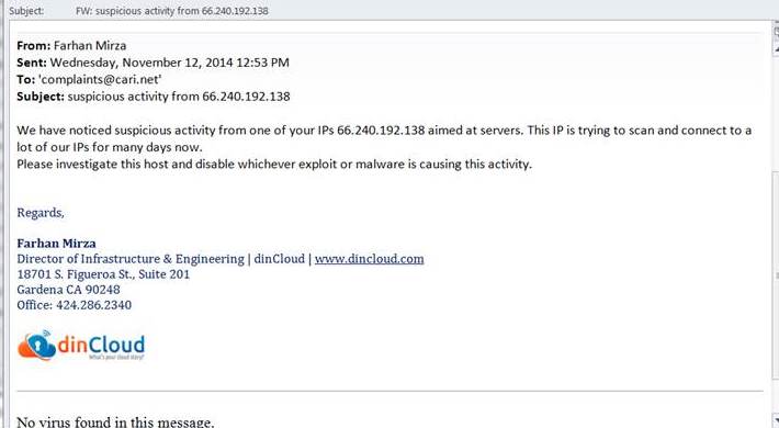 SecureAuth security staff notified the "offending" service provider of the machine "attacking" dinCloud resources.